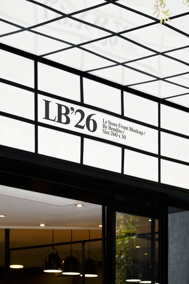 LB'26 storefront mockup with black signage on glass entrance with grid framing