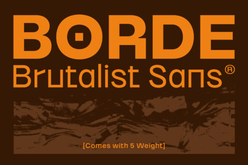 Orange Borde Brutalist Sans typeface specimen showing 5 weights with texture detail