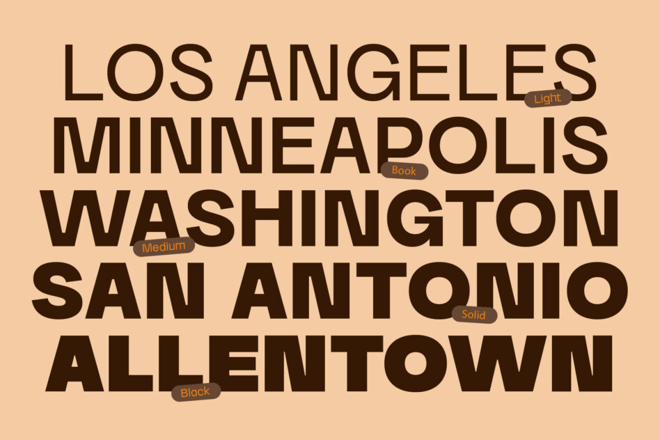 Beige poster with oversized serif letters listing US cities, weight variants labeled inline