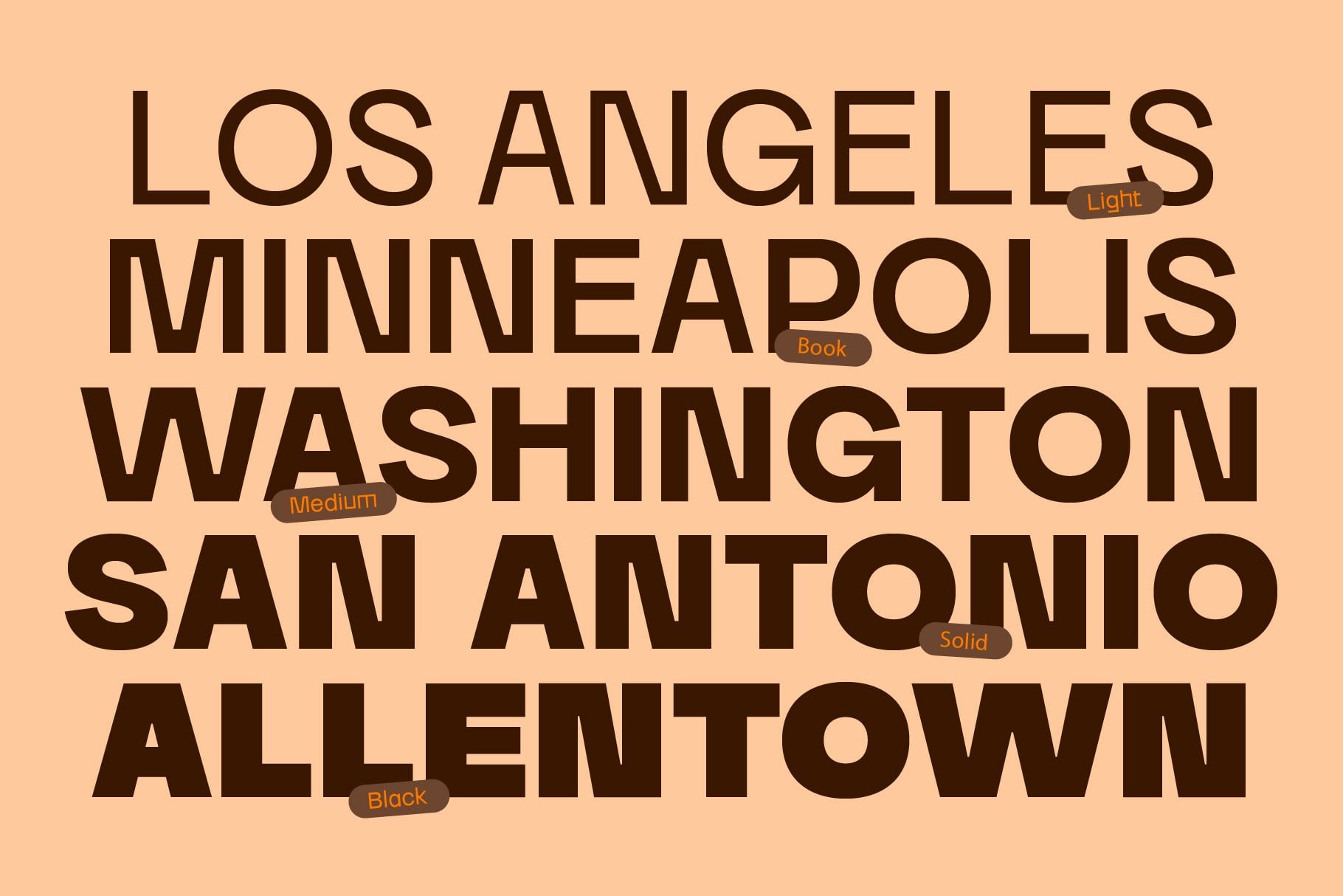 Beige poster with oversized serif letters listing US cities, weight variants labeled inline