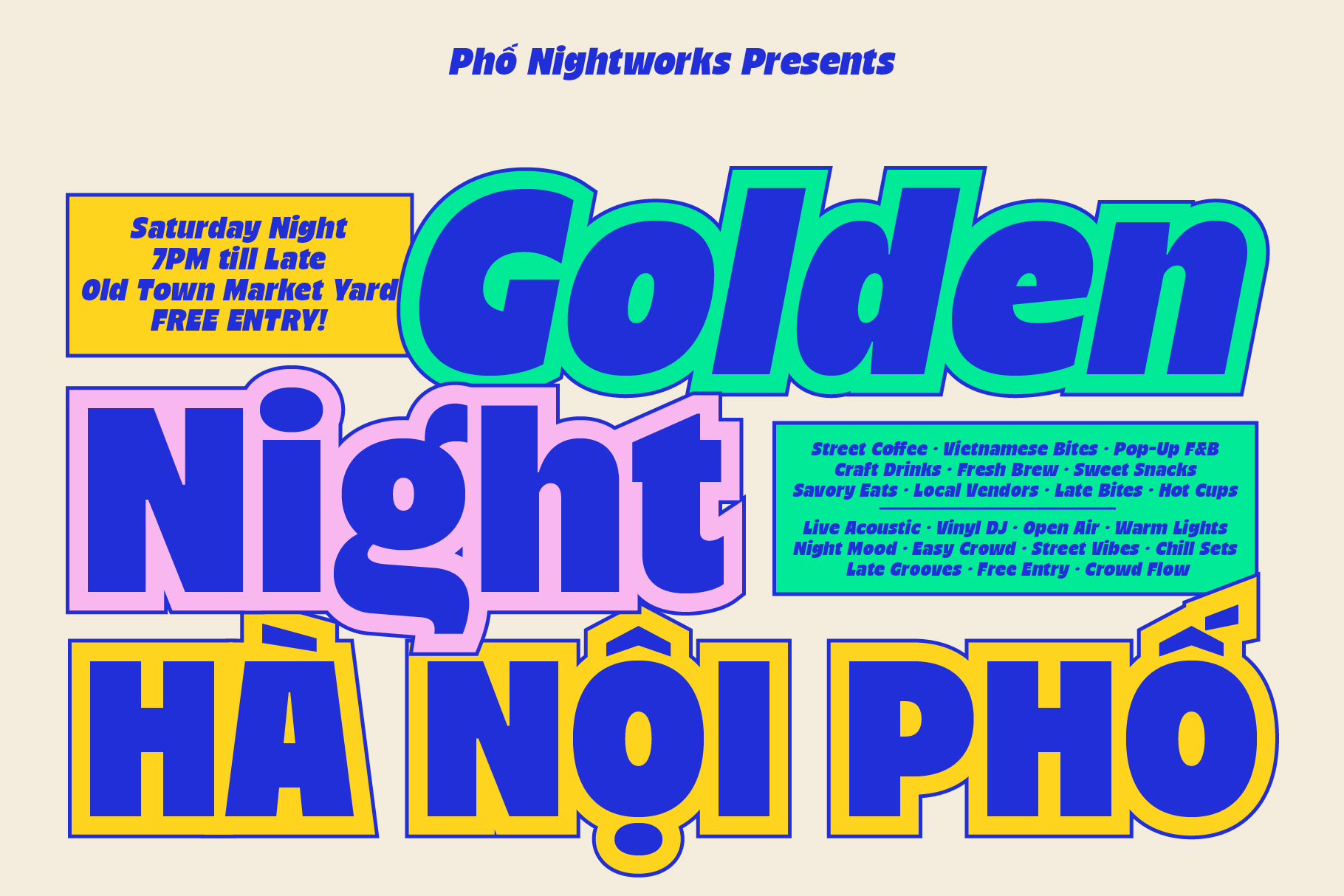 Golden Night Ha Noi Pho event poster with blue, green, pink, yellow text blocks