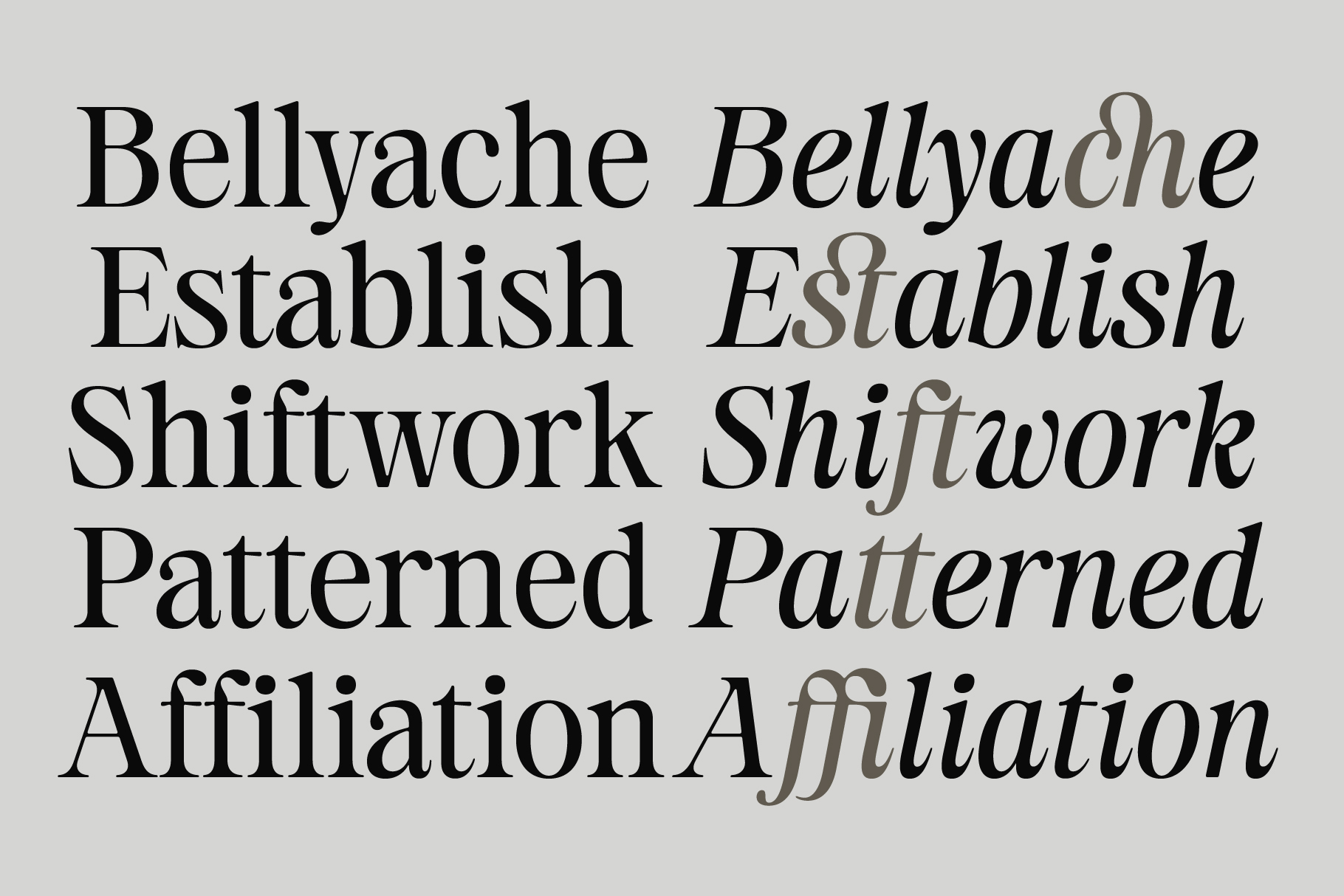 Bellyache Establish Shiftwork Patterned Affiliation serif font samples