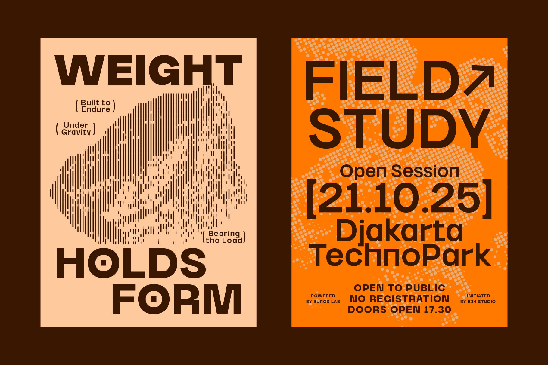 Two minimalist posters side by side: beige Weight Holds Form with stippled sphere, orange Field Study flyer