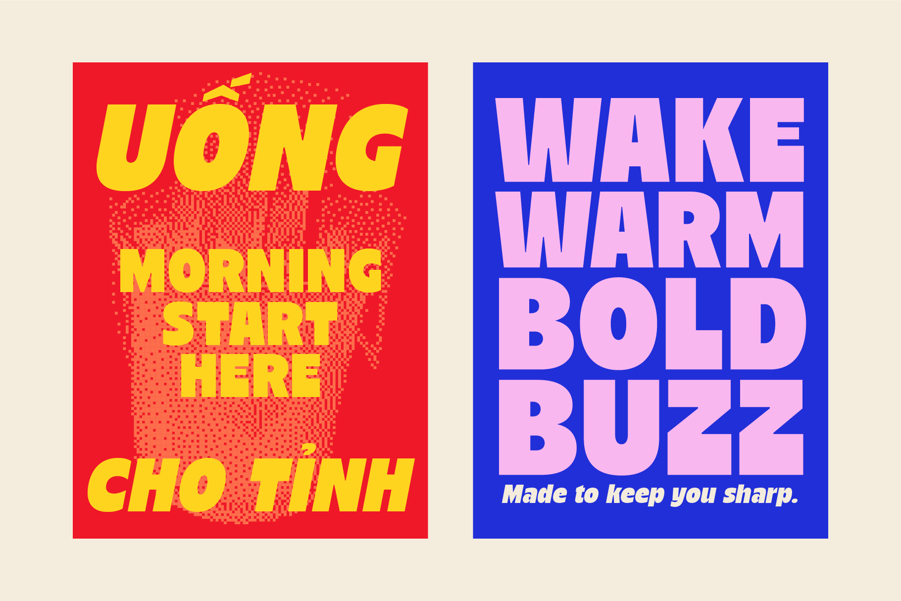 Uong Morning Start poster in yellow on red next to Wake Warm Bold Buzz
