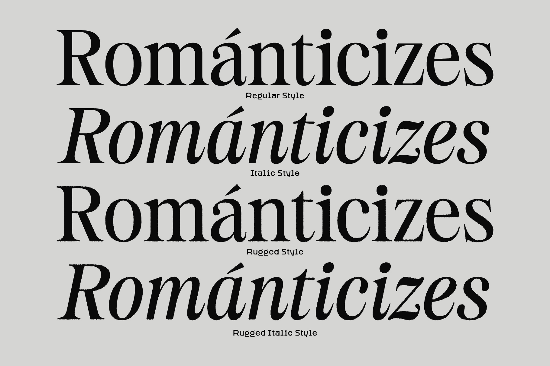 Románticizes serif font showing regular italic rugged style variations