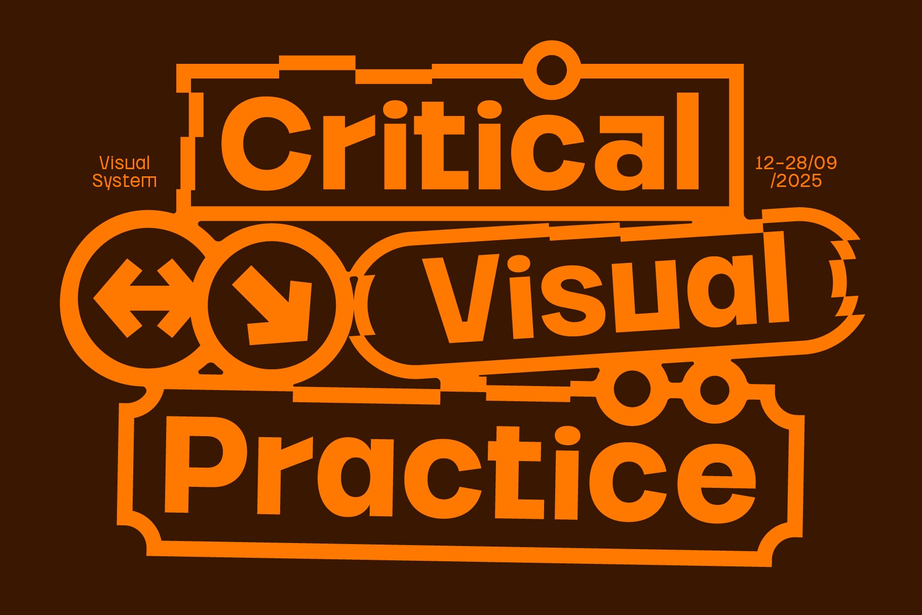 Bold orange poster with mechanical elements showing Critical Visual Practice event dates