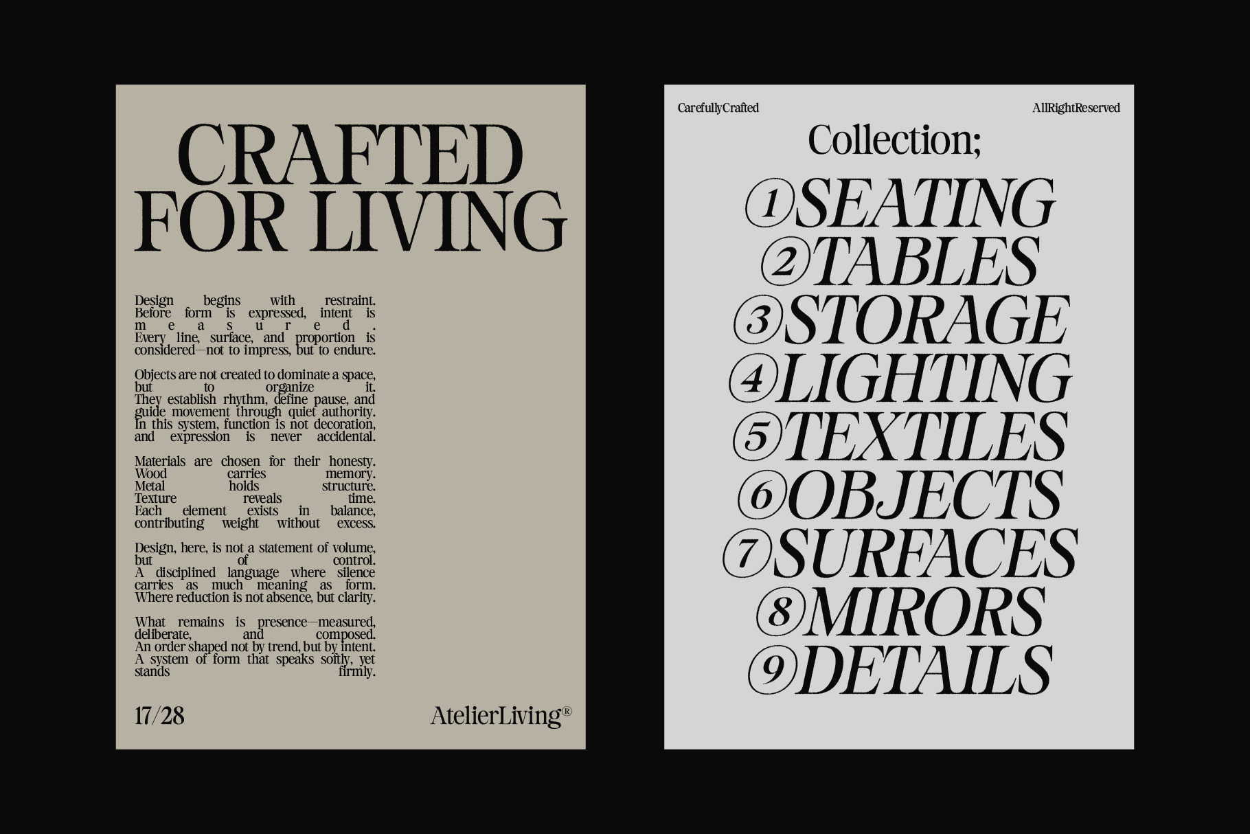Two design spreads showing Crafted For Living manifesto with numbered collection list