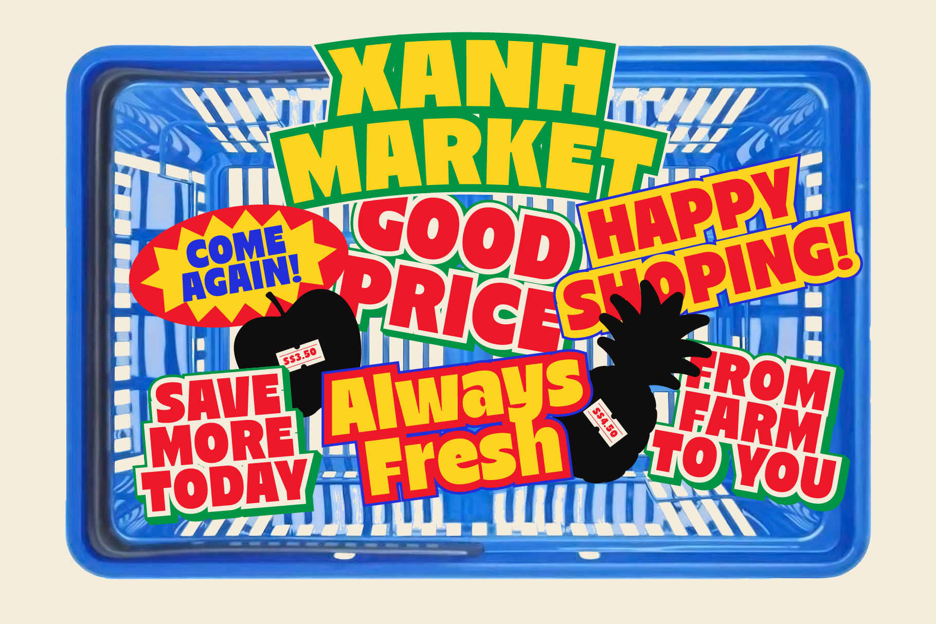 Blue shopping basket mockup with retro grocery store promo stickers