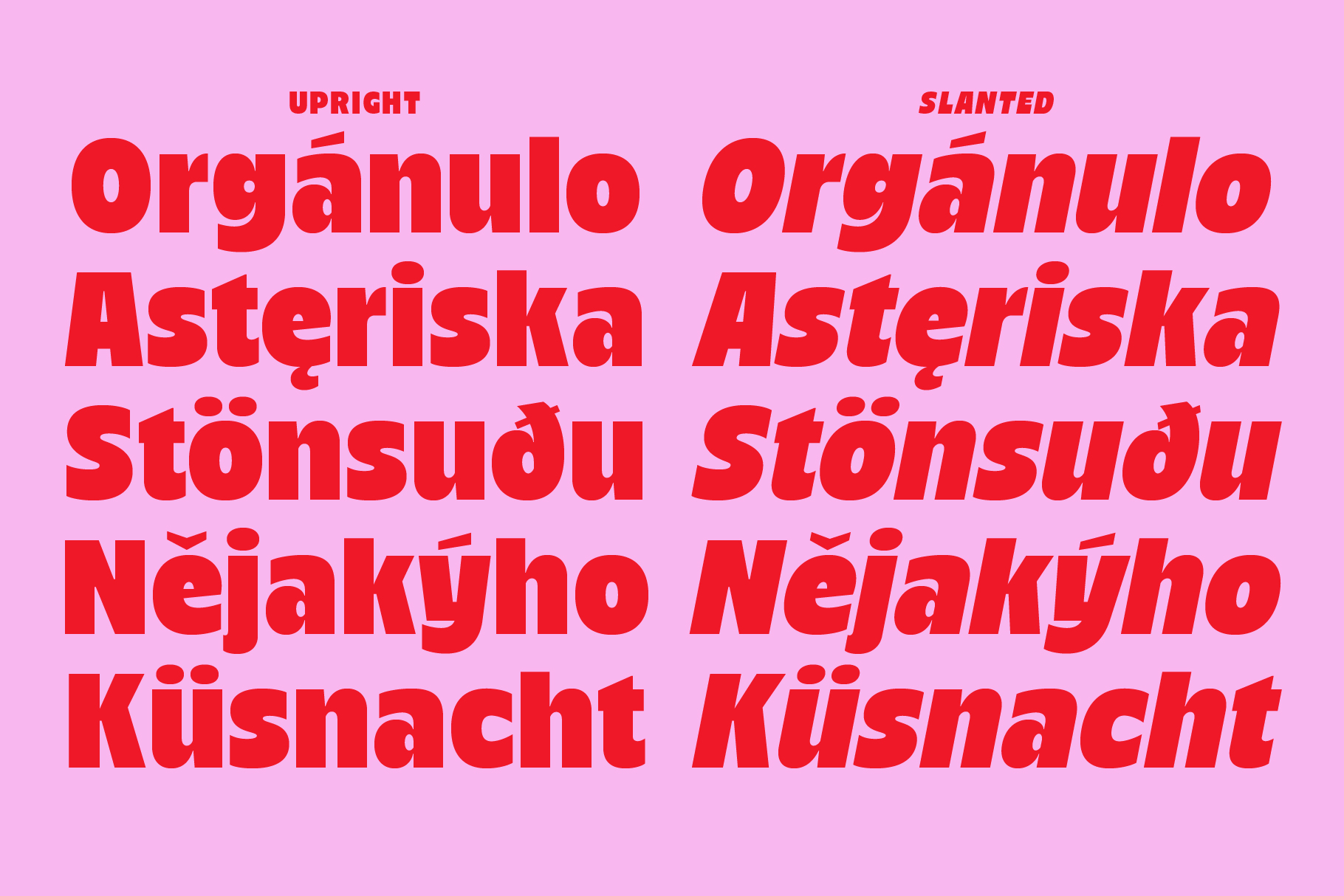 Red text comparing upright vs slanted versions of Organulo Asteriska font
