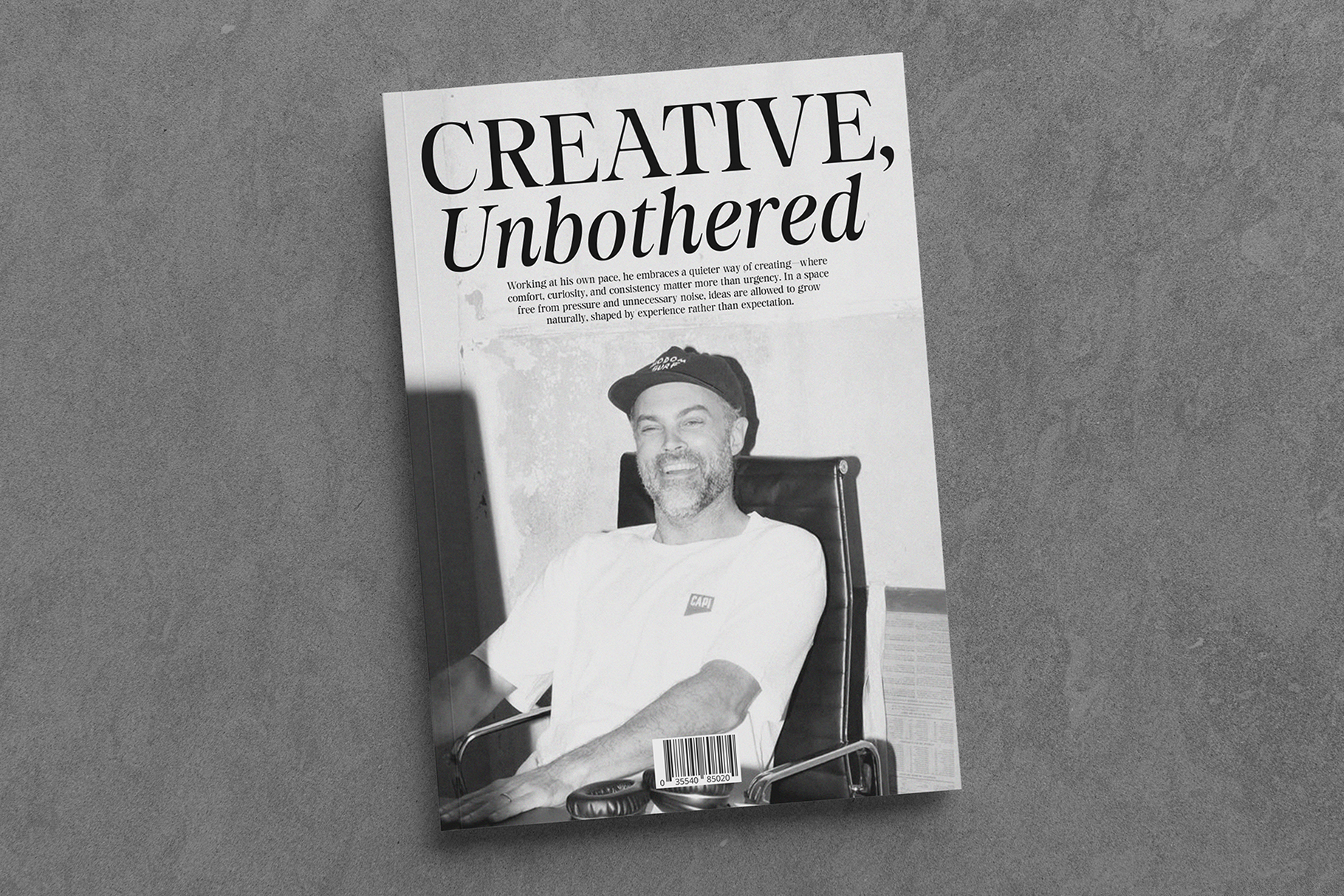 Magazine spread with Creative Unbothered headline over black white portrait