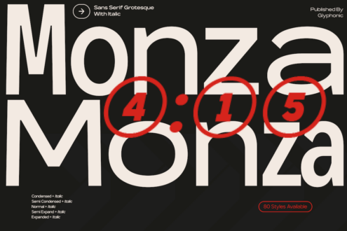 Monza sans serif grotesque typeface with numbers 4, 1, 5 highlighted in red circles