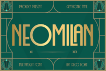 Neomilan art deco glyphonic font displayed large with ornamental frame design