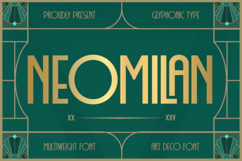 Neomilan art deco glyphonic font displayed large with ornamental frame design