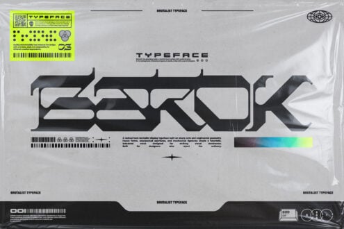 Brutalist typeface on plastic packaging mockup with neon yellow info card, industrial aesthetic