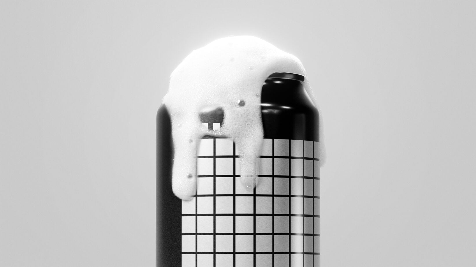 Black soda can wrapped in white foam with grid pattern overlay on light background