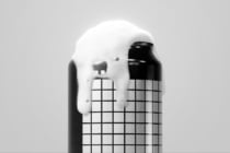 Frosted 3D bottle with grid pattern cutout on neutral background mockup