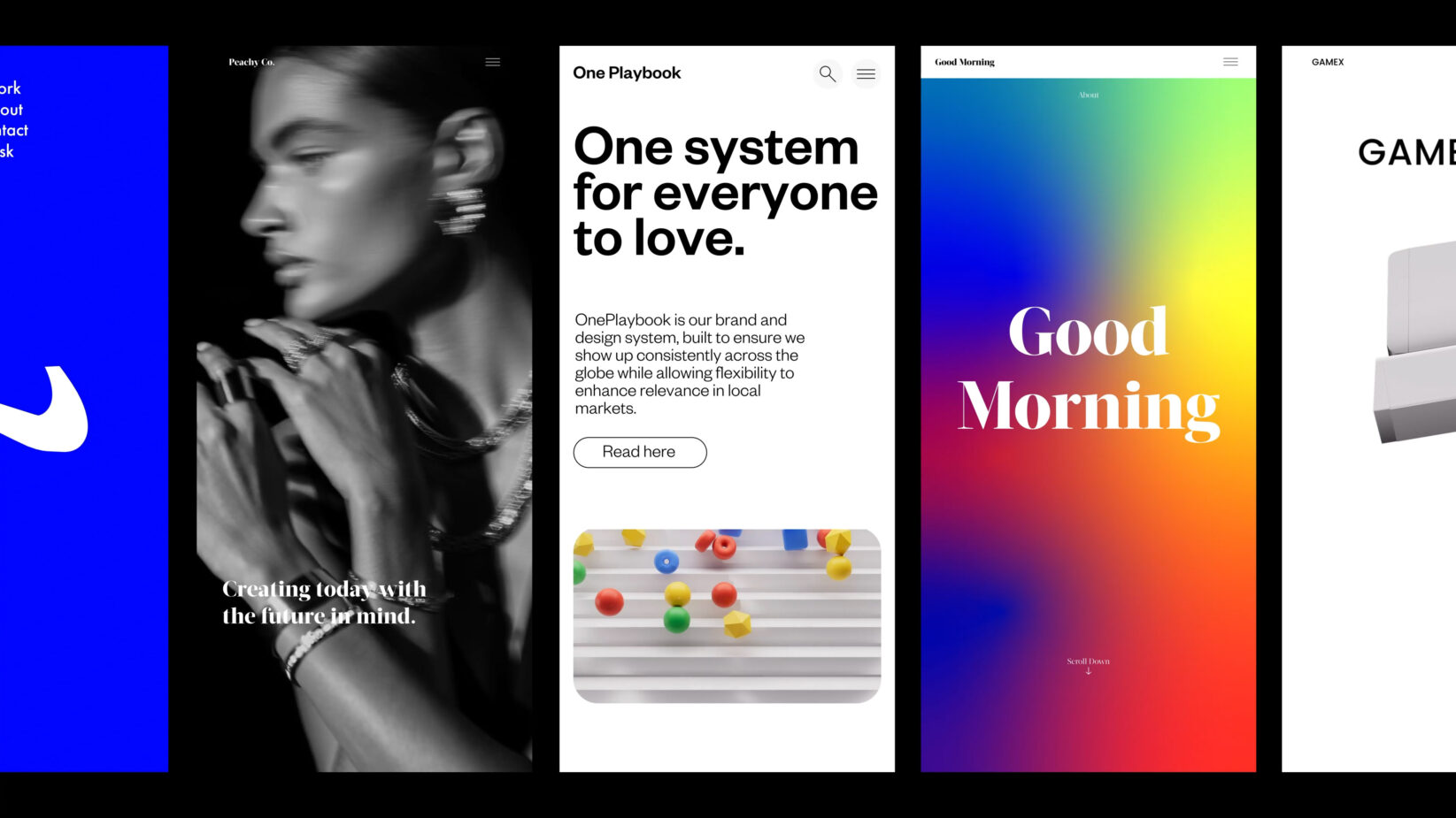 Mobile design system mockup with clean layouts, typography, colorful gradient backgrounds