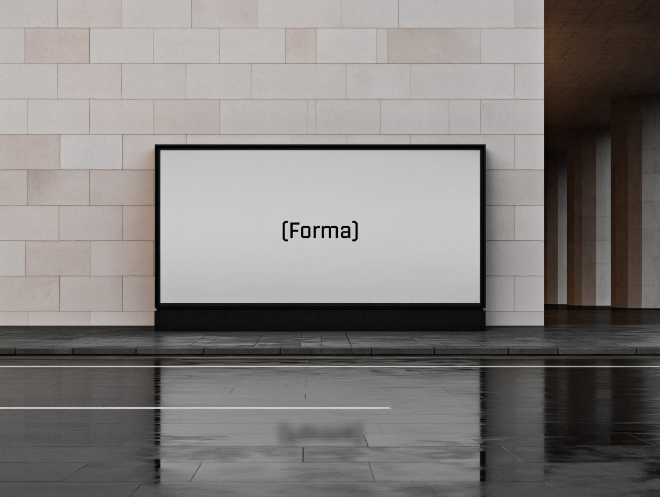 Blank horizontal screen mockup on tiled gallery wall