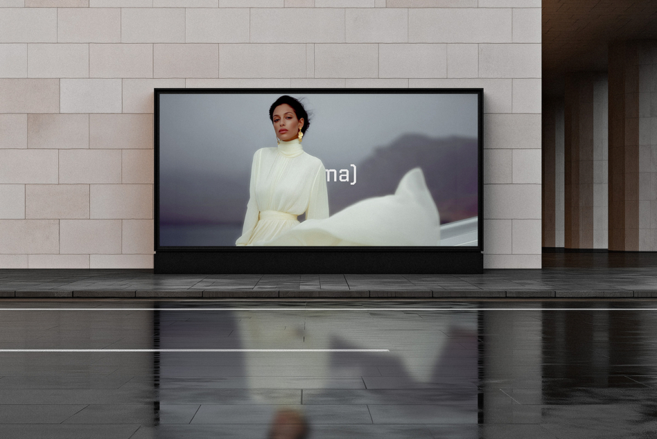 Horizontal billboard mockup showing woman in white dress on beige wall