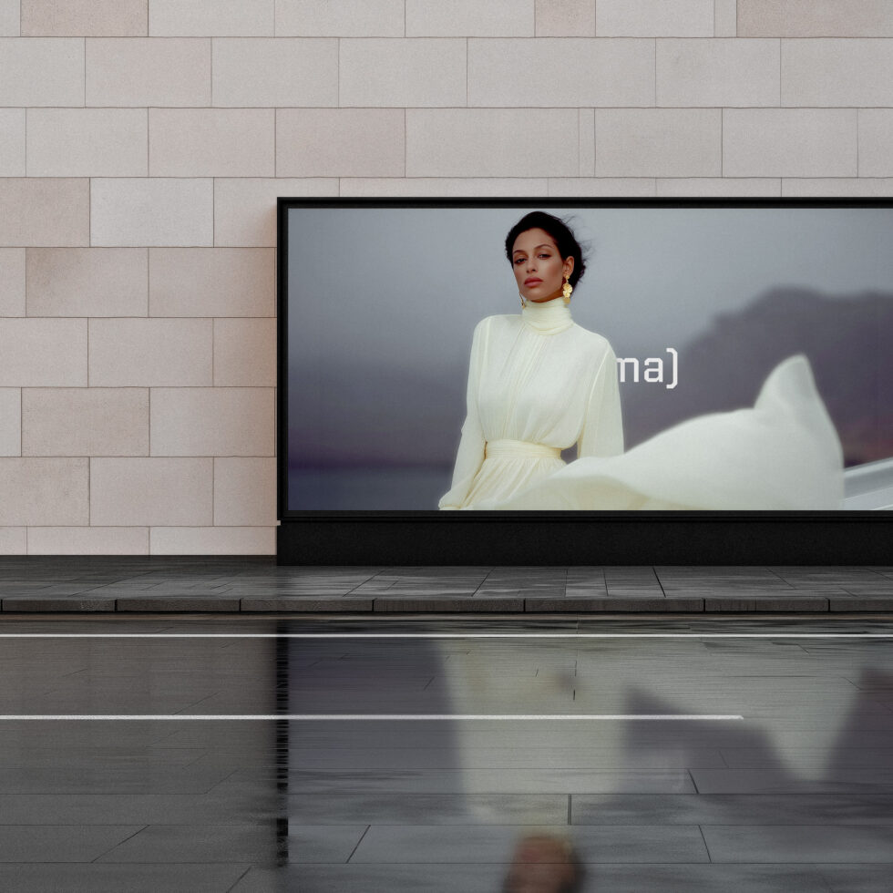 Woman in cream turtleneck on large screen with tile wall background