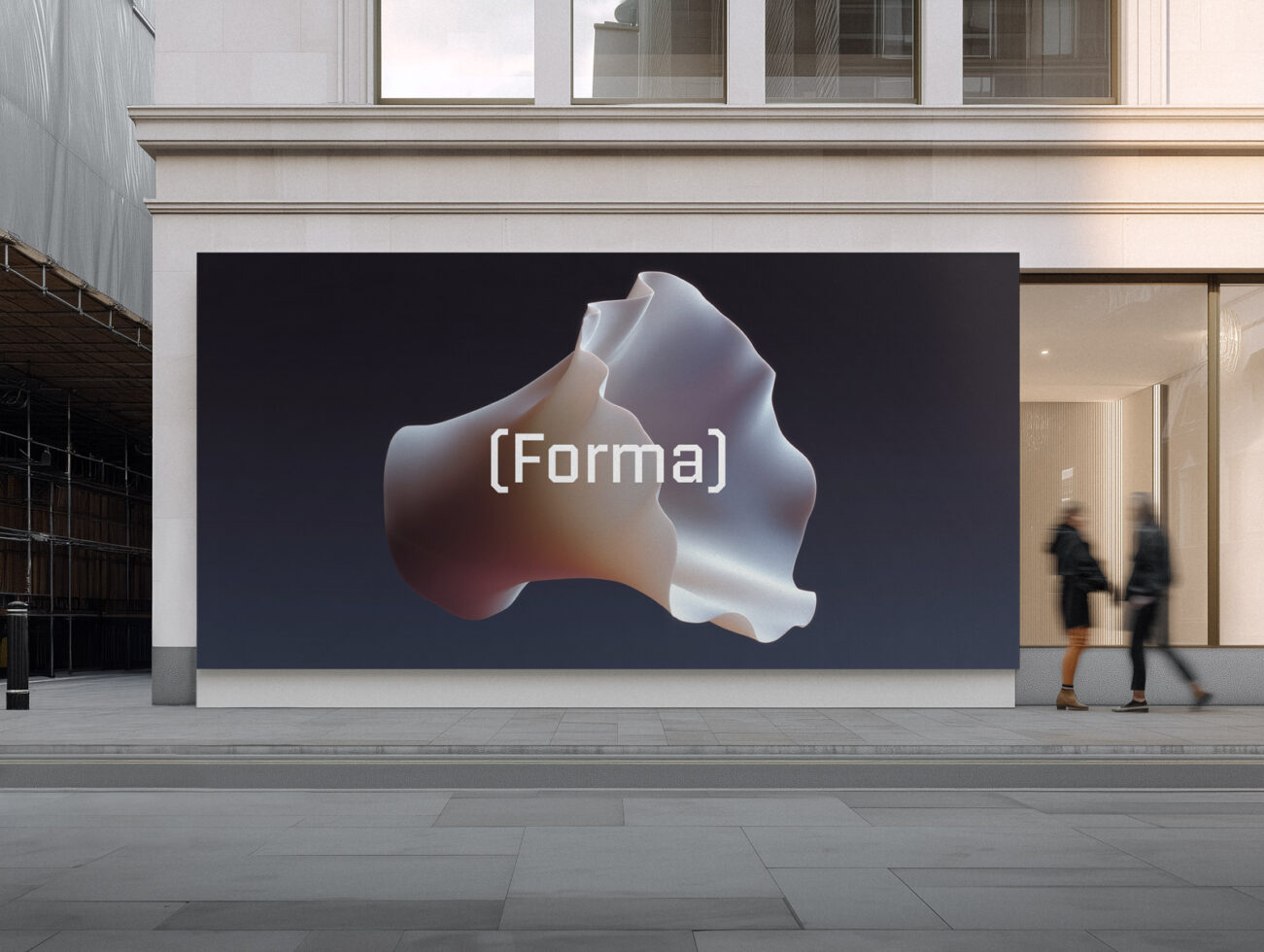 Street-level billboard mockup with glossy 3D form on dark background, Forma branding