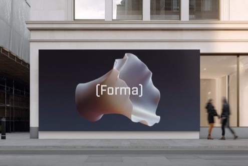 Large outdoor billboard mockup with holographic 3D form on dark surface, Forma branding