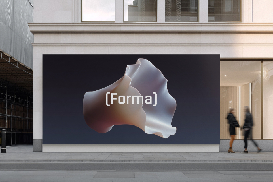 Large outdoor billboard mockup with holographic 3D form on dark surface, Forma branding
