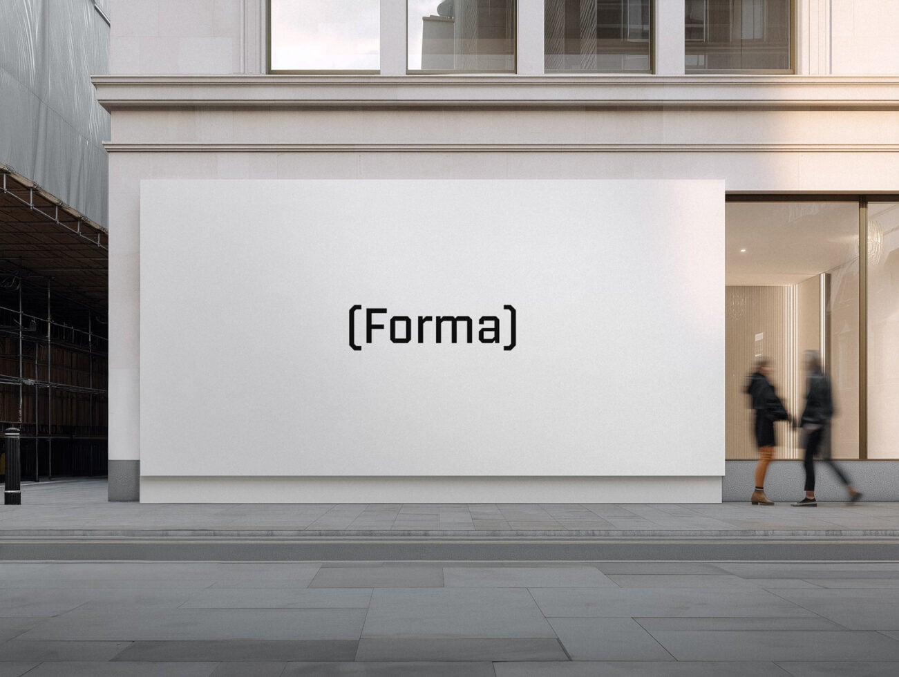 Blank white billboard mockup on urban storefront with Forma text centered