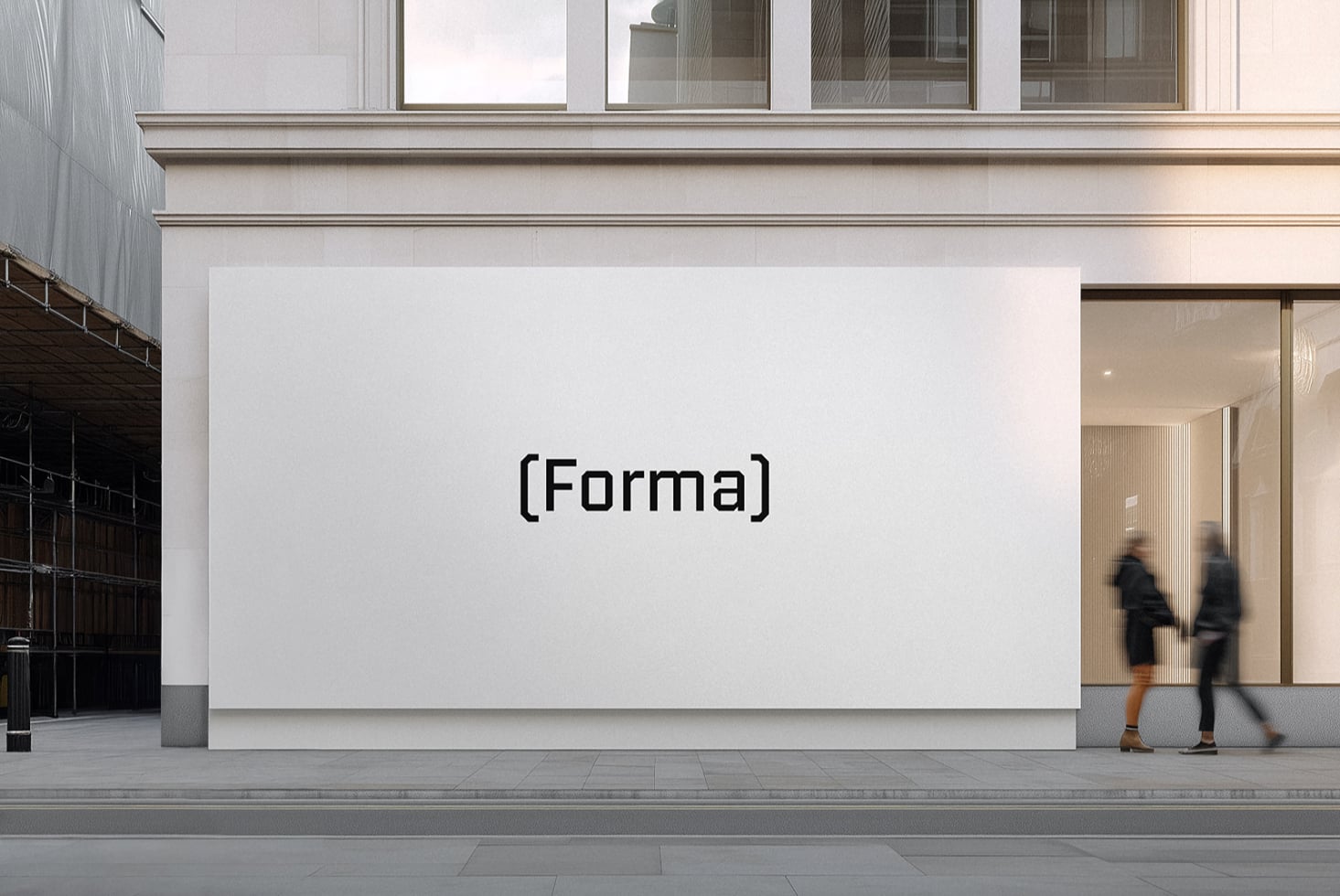 Minimalist white billboard mockup on building facade with Forma text centered