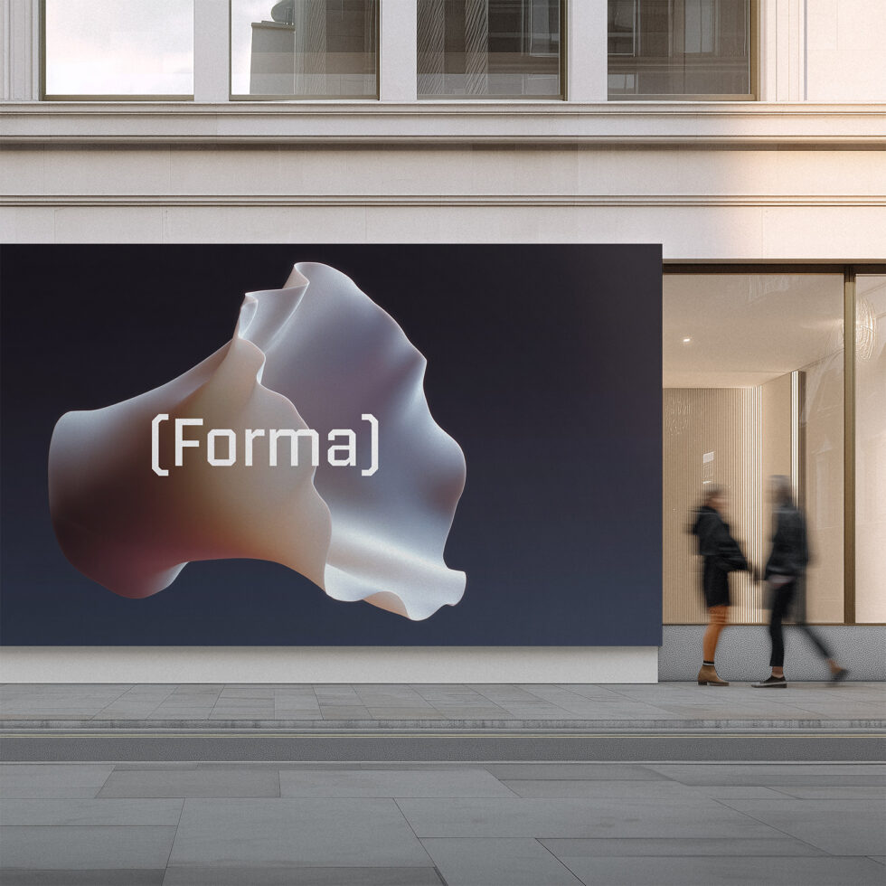 Large outdoor billboard mockup displaying iridescent 3D sculpture with Forma text overlay