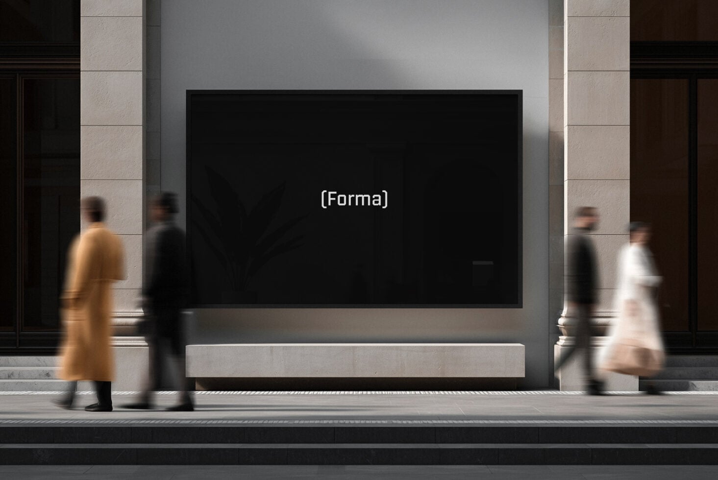 Forma branding on dark billboard in minimalist storefront with pedestrians