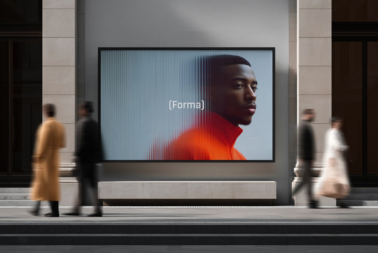 Forma displayed on street screen showing man in red shirt with glitch effect