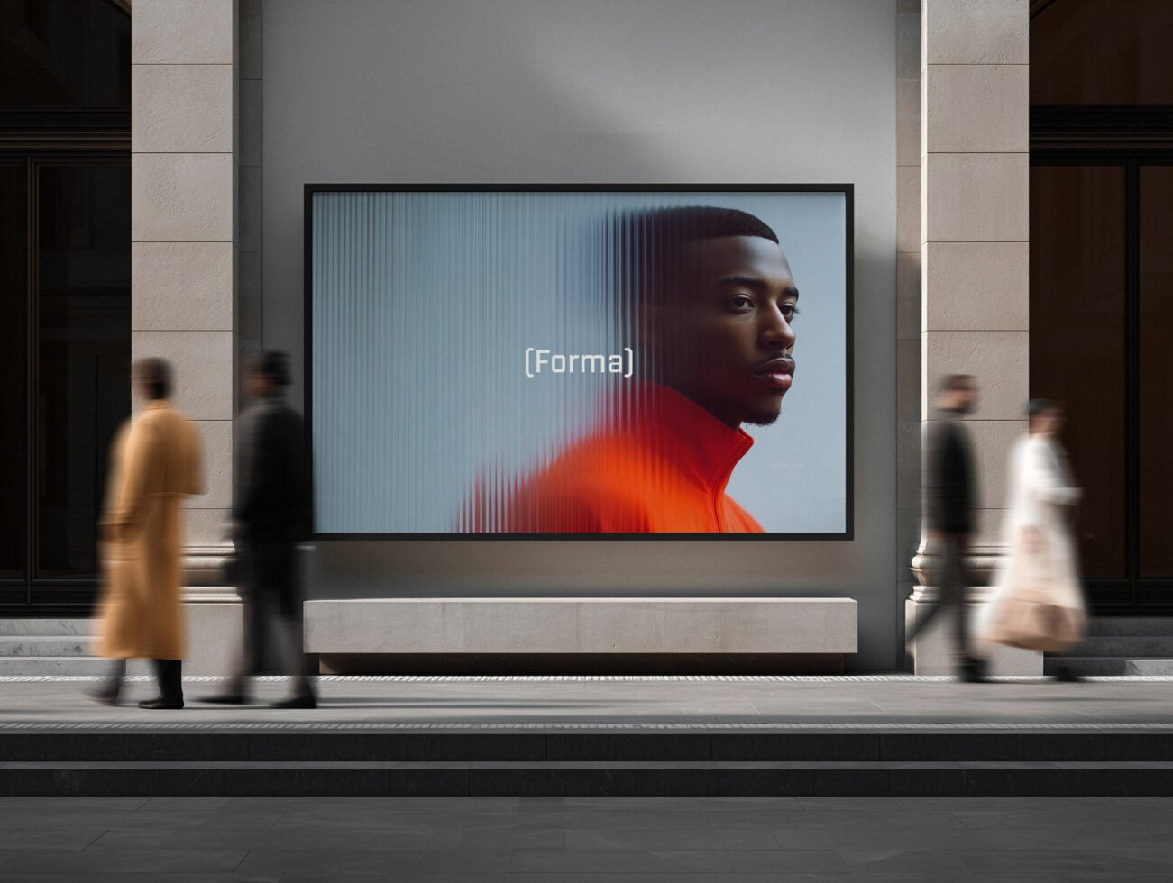 Street-level billboard mockup with glitchy portrait, red orange gradient effect