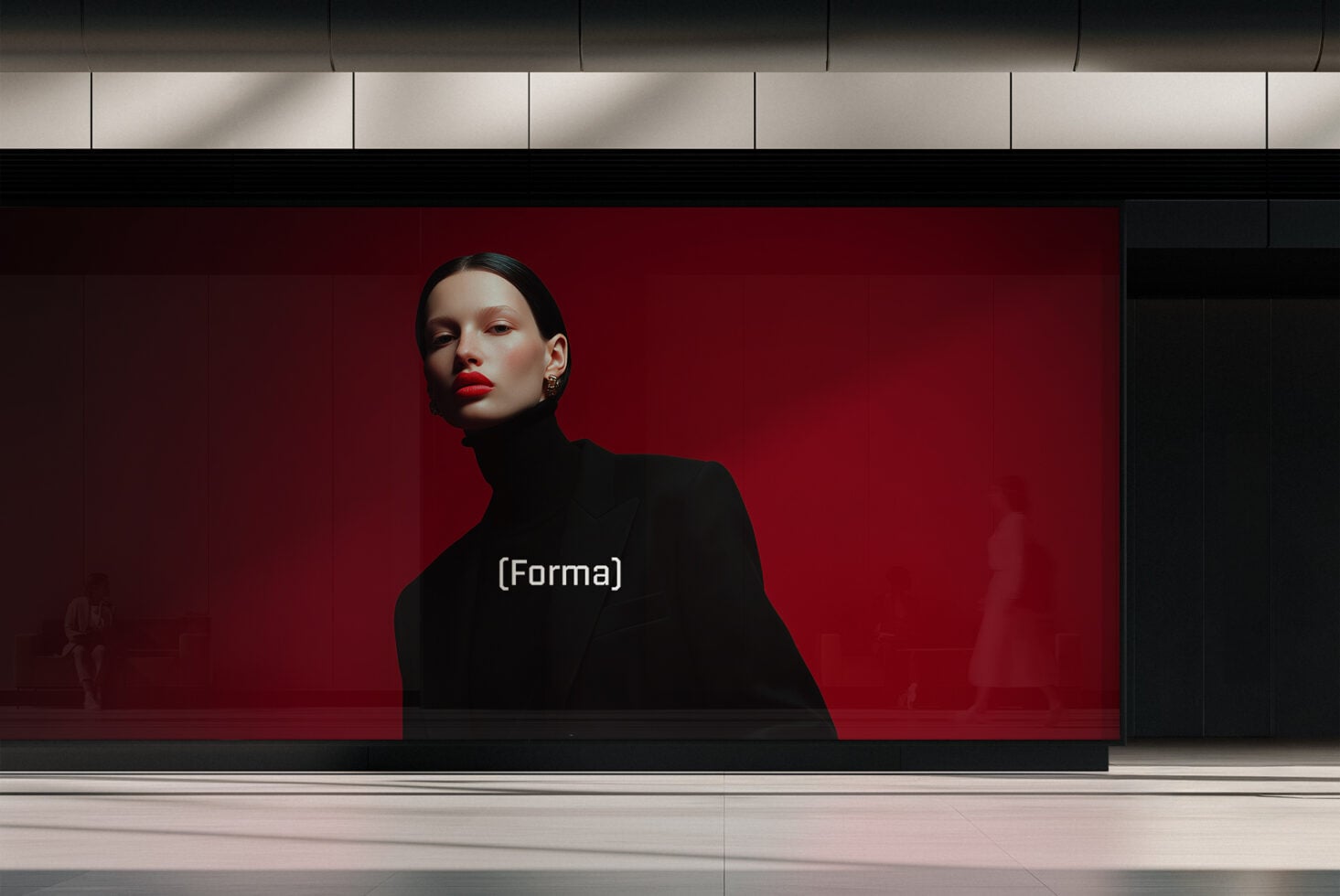 Red lit storefront billboard with portrait of person in black turtleneck