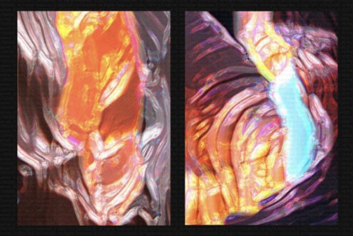 Two glowing liquid marble panels in orange, pink, purple with neon accents