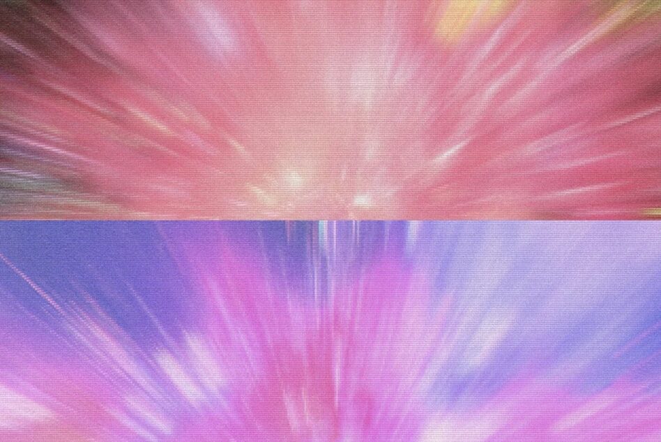 Split screen gradient transition from pink glow to purple with texture overlay