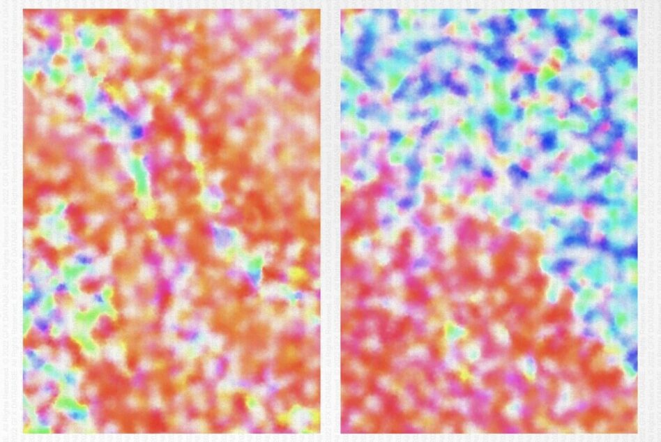 Two vibrant noisy gradient panels, left side warm reds, right side cool blues