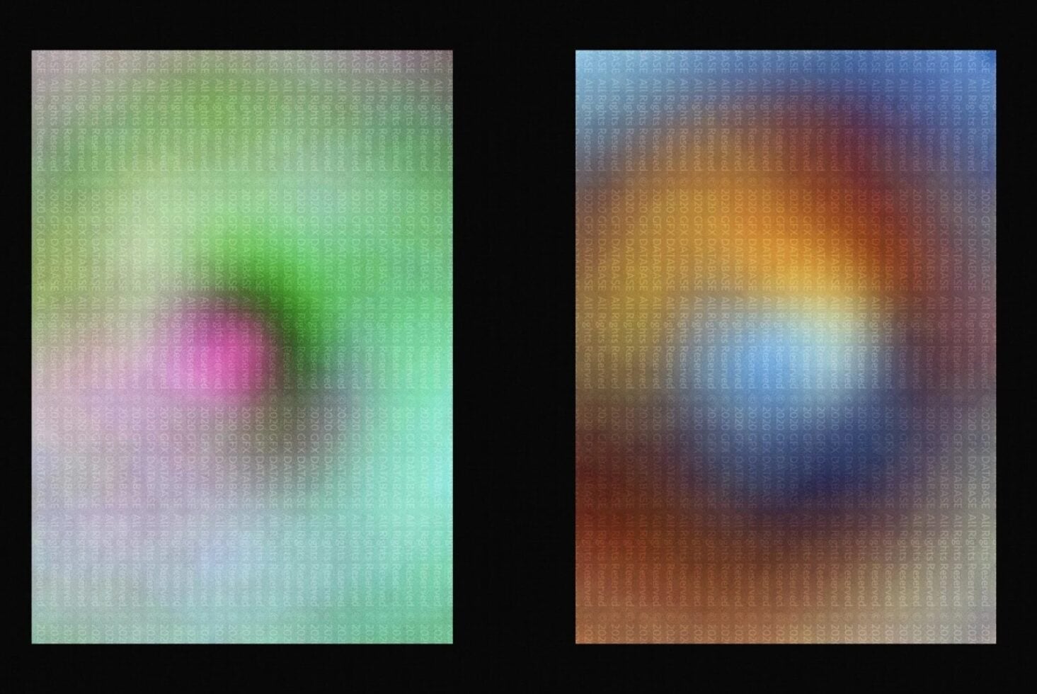 Two gradient texture panels with text overlay, left green pink, right warm cool