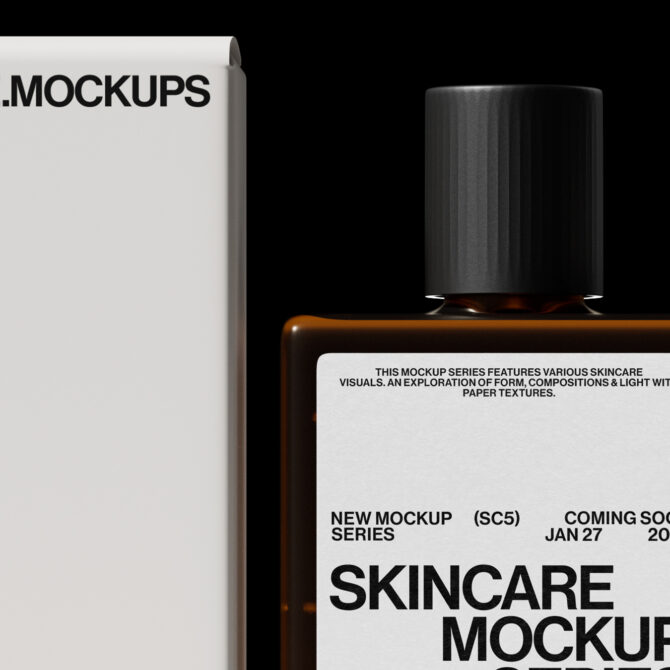 Dark dropper bottle with black cap next to white box, skincare mockup setup