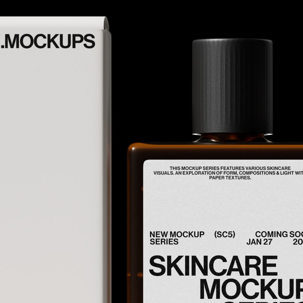 Dark dropper bottle with black cap next to white box, skincare mockup setup