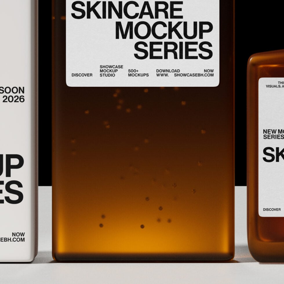 Skincare bottle mockup with amber glass, white labels on neutral backdrop