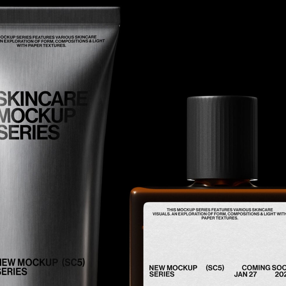Skincare tube mockup with bottle, metallic texture on dark surface