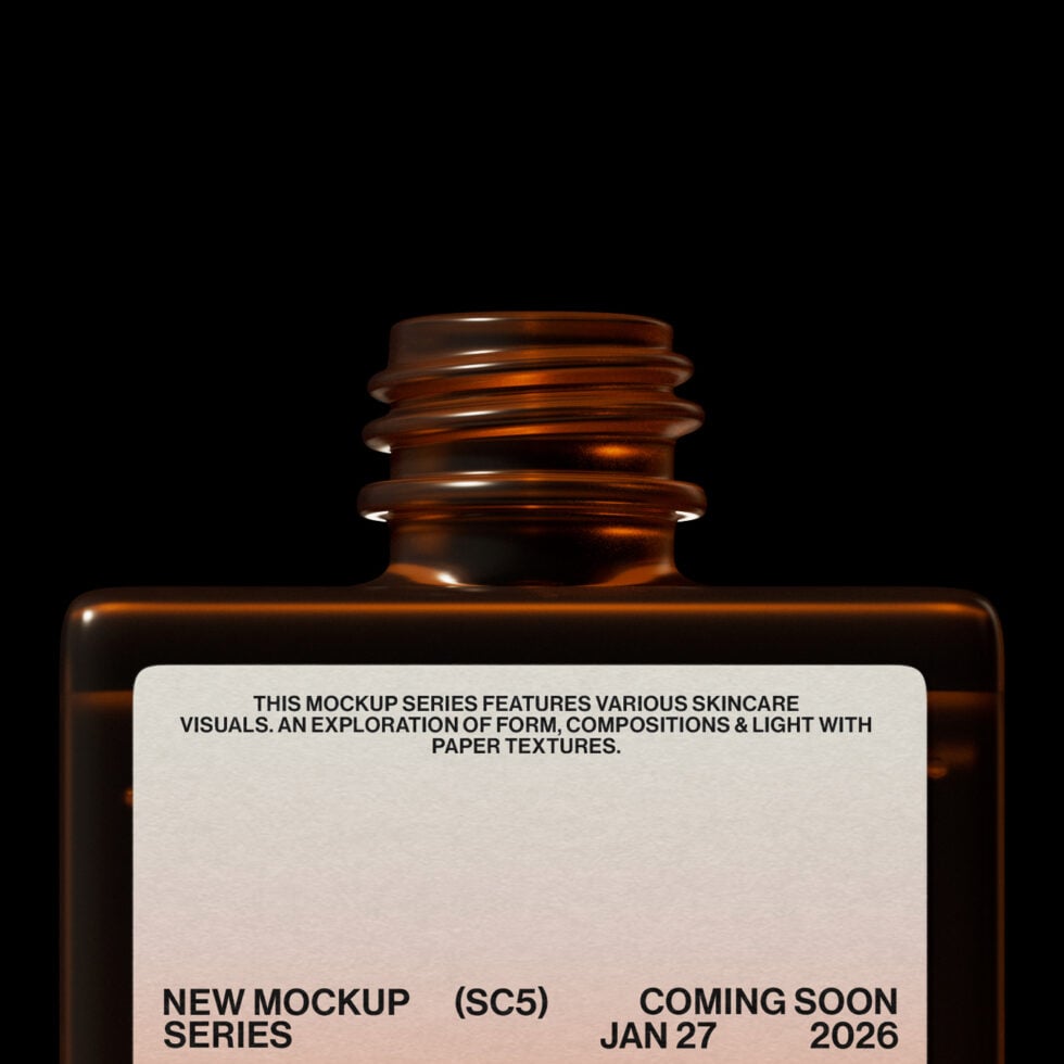 Amber glass bottle with threaded cap on black background
