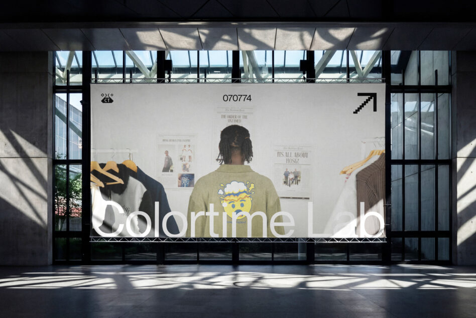 LB'26 storefront mockup with black signage on glass entrance with grid framing