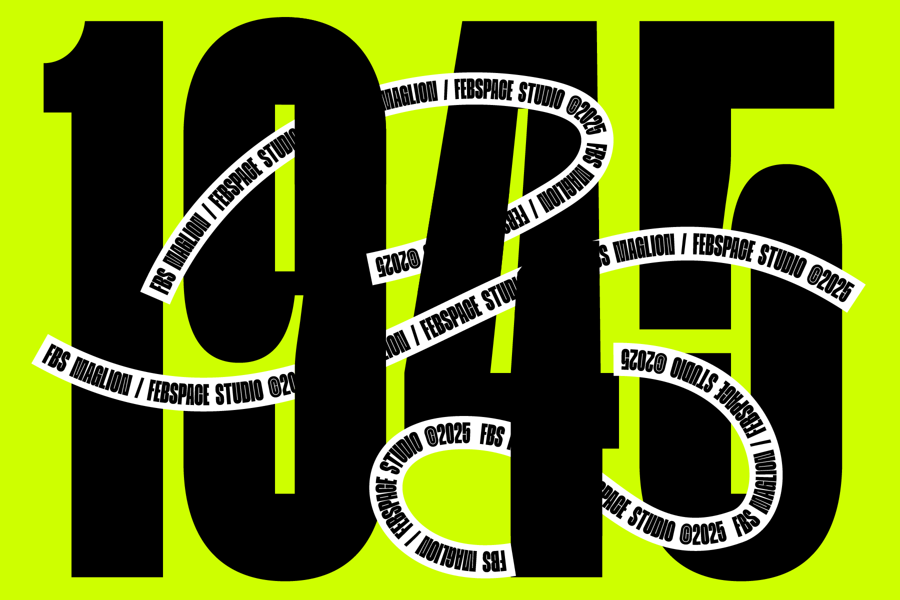 Massive black numbers 1045 on neon yellow ground with circular text bands overlay