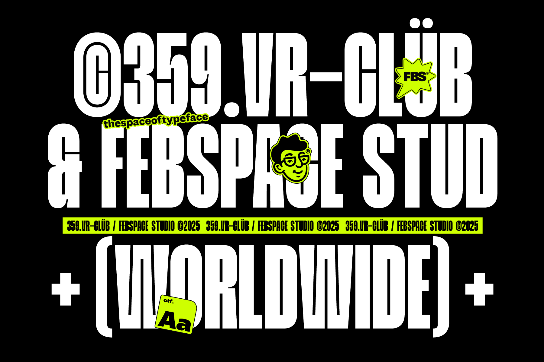 White outlined typeface showing credit info, neon accents, dark background with cartoon face