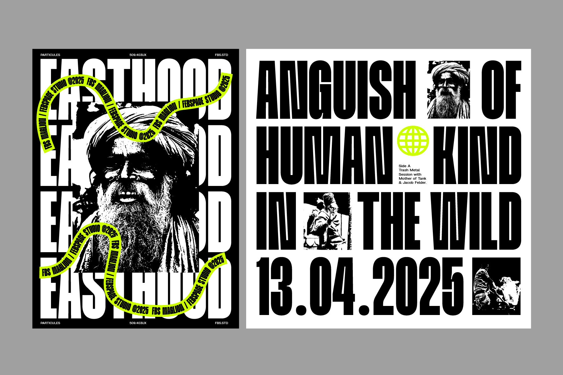 Concert poster with bearded man portrait, bold black typography, neon yellow circular bands