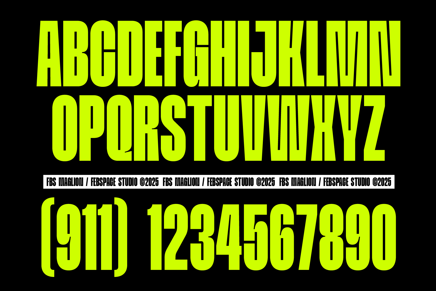 Bold neon yellow capital letters A through Z, condensed sans serif on dark background