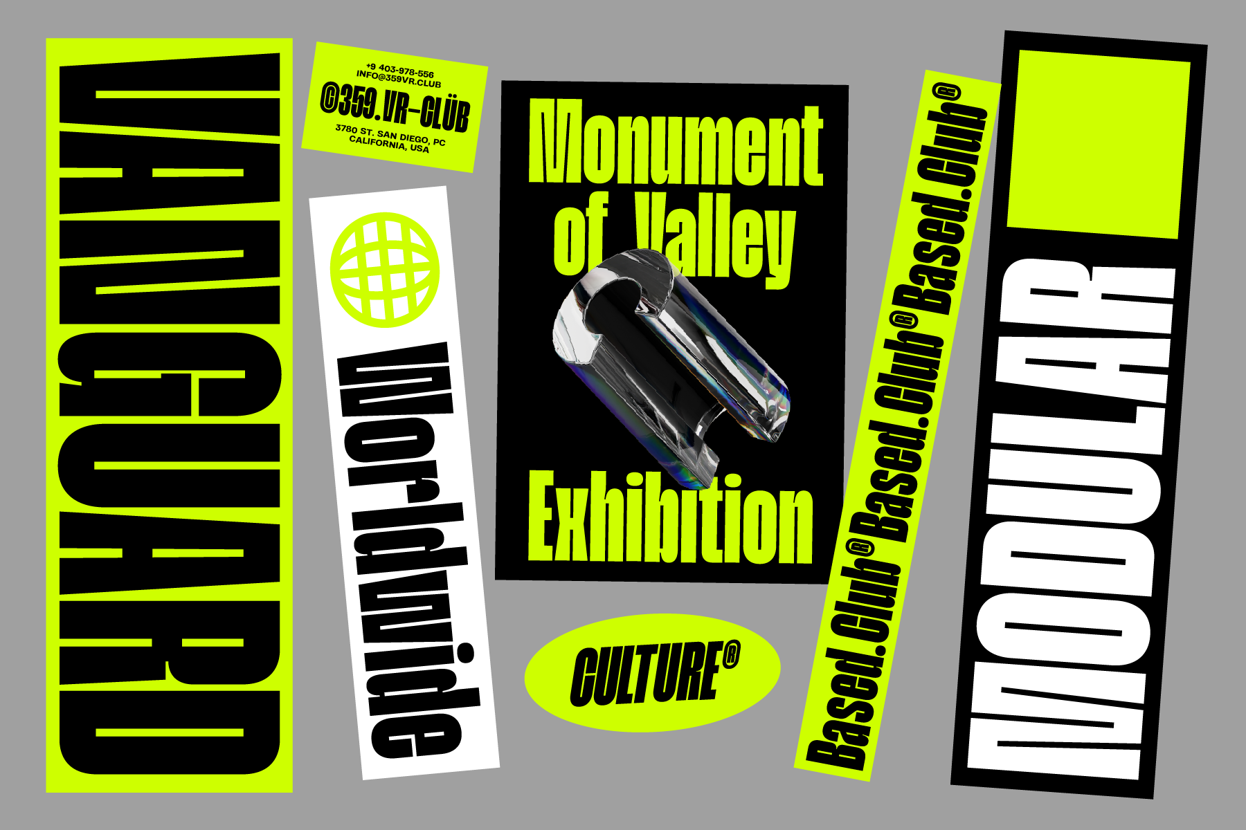 Neon yellow branding collage with Monument of Valley Exhibition car imagery culture logos