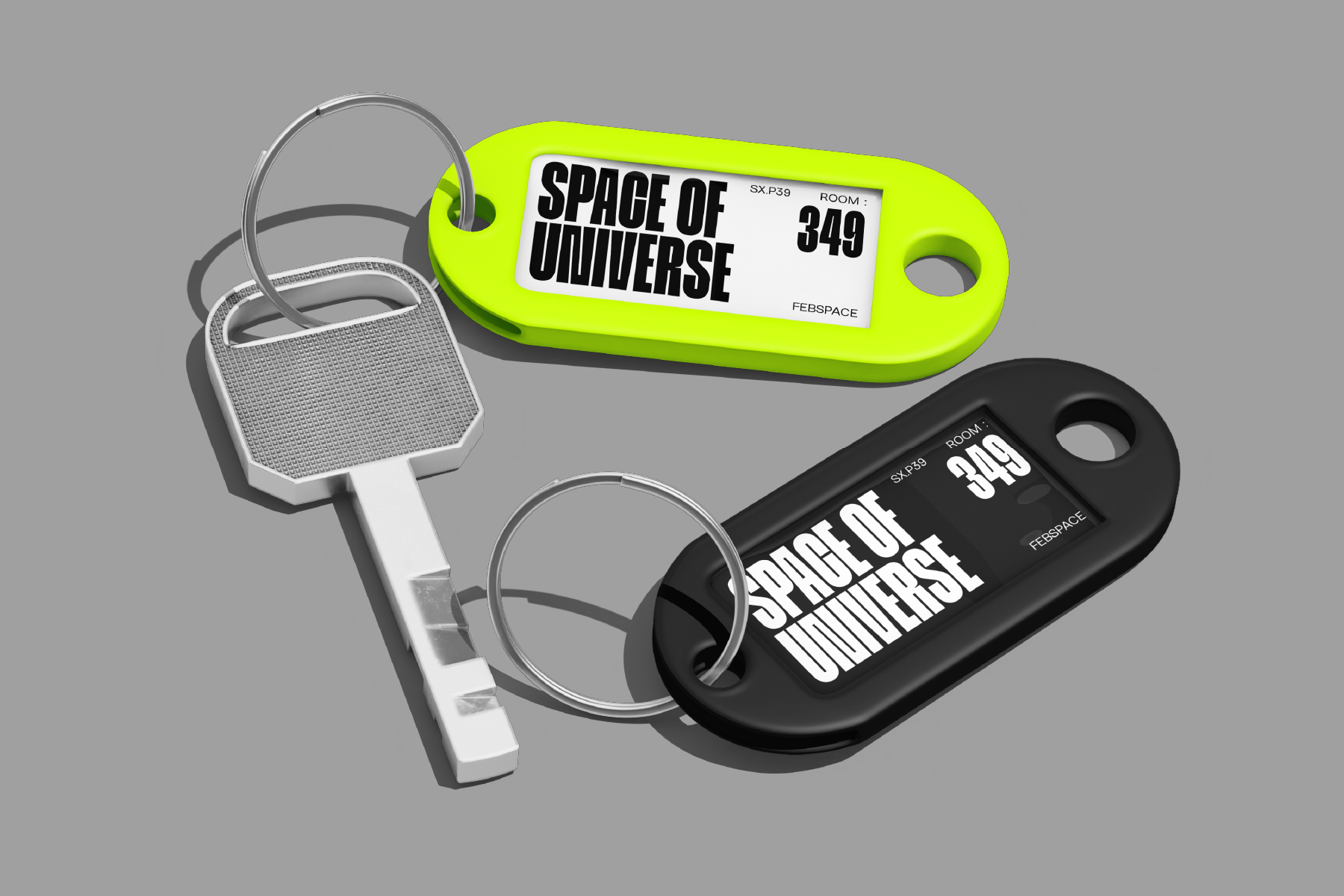 Neon yellow, white, black motel keychains labeled Space of Universe with room numbers